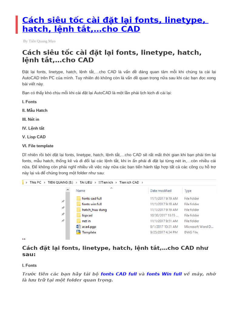 Cách Siêu Tốc Cài Đặt Lại Fonts, Linetype, Hatch, Lệnh Tắt,…Cho CAD | PDF