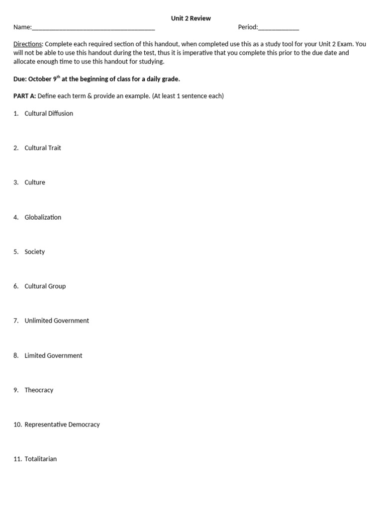 Unit 2 Exam Study Guide Template | PDF