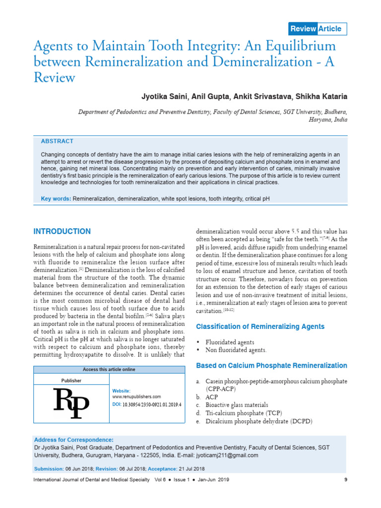Remineralization Agents for Tooth Integrity | PDF | Tooth Enamel ...