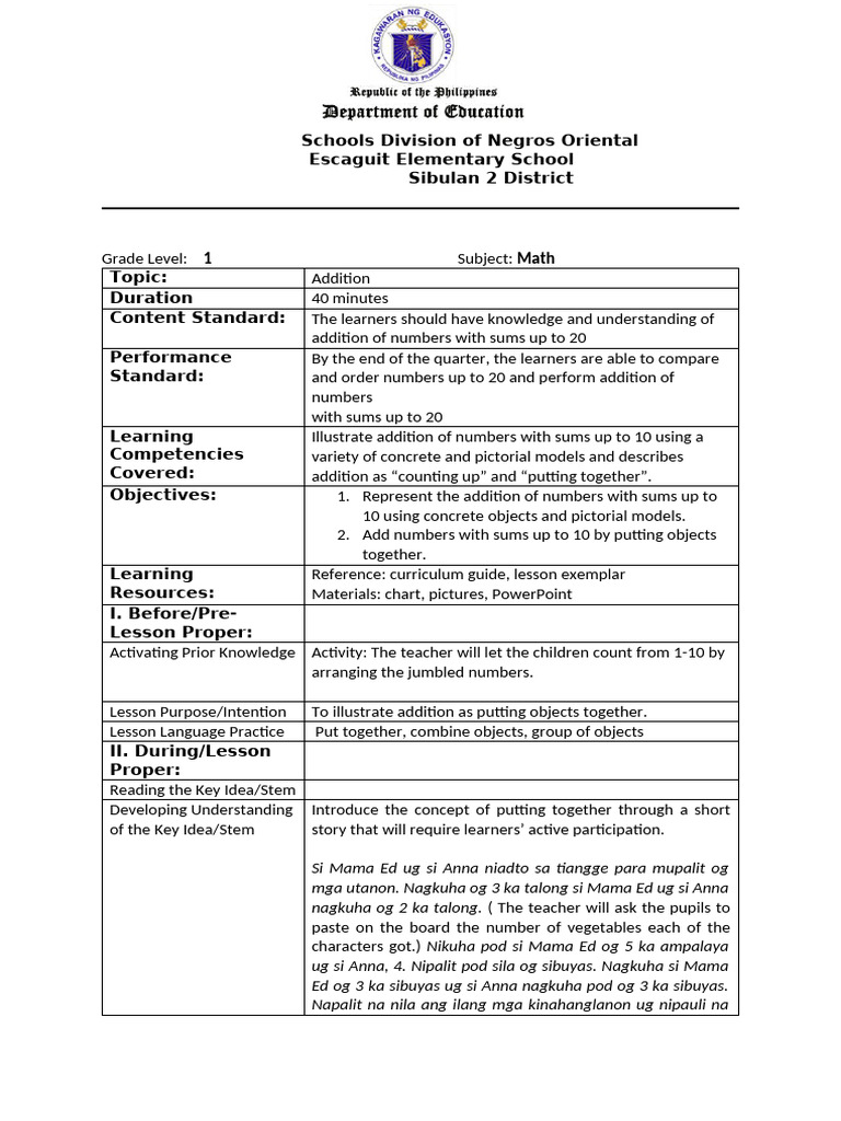 Grade 1 Math: Addition Up to 20 Lesson | PDF | Curriculum | Intelligence
