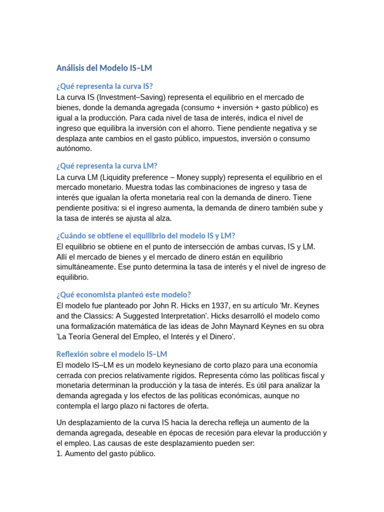 Análisis del Modelo IS-LM en Economía | PDF | Macroeconómica | Ciencias ...