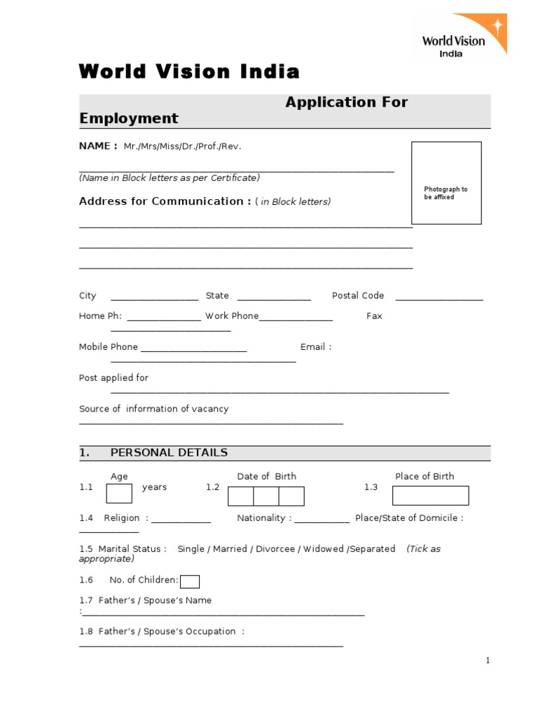 World Vision Application Form Christian Denomination Employment