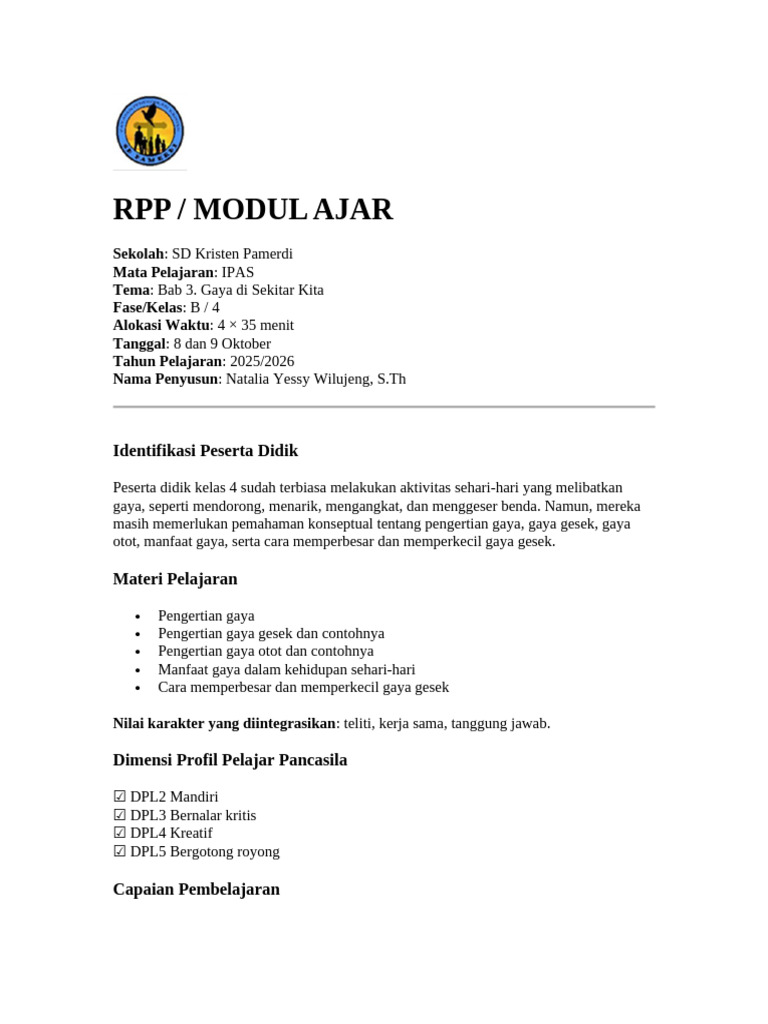 RPP IPAS Kelas 4 SD Bab 3 | PDF