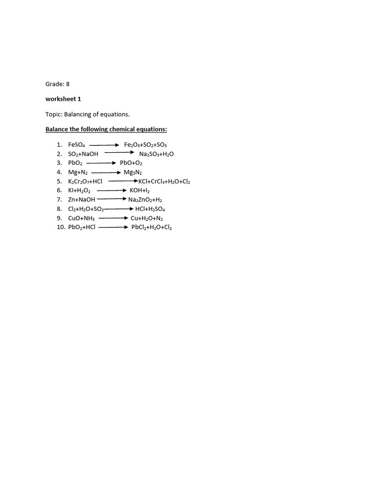 Grade 8 Chemistry: Balancing Equations Worksheet | PDF
