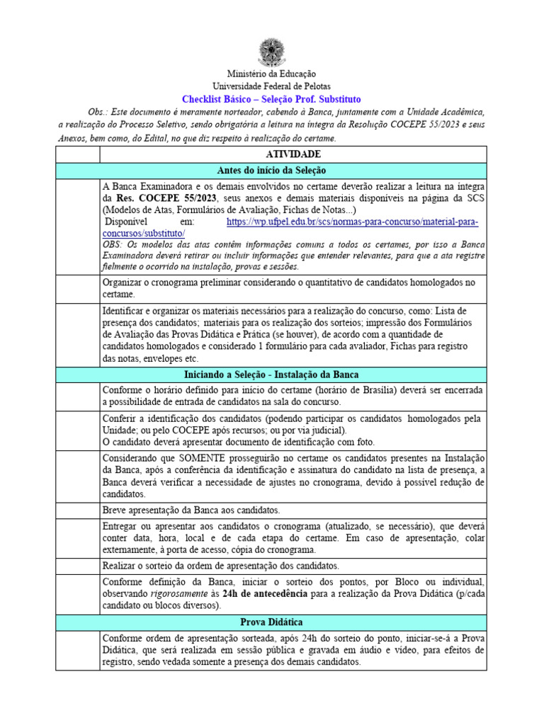 Checklist Seleção Professor Substituto UFPel | PDF