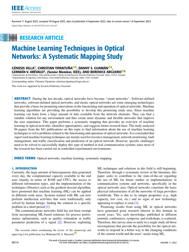 Machine Learning Techniques in Optical Networks A Systematic Mapping ...