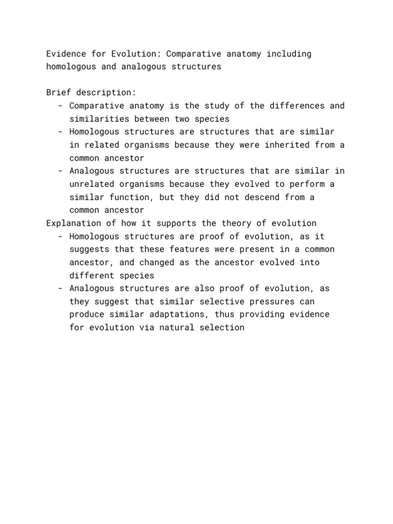 Comparative Anatomy and Evolution Evidence | PDF