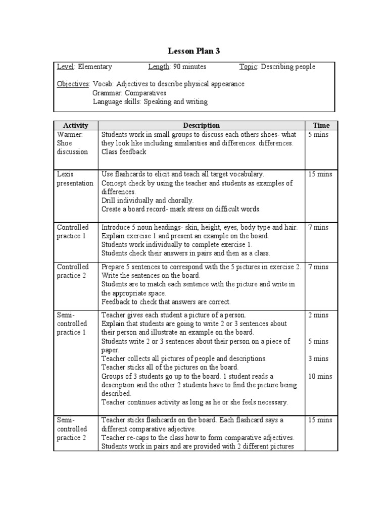3 Describing Appearance Lesson Plan Lesson Plan Vocabulary