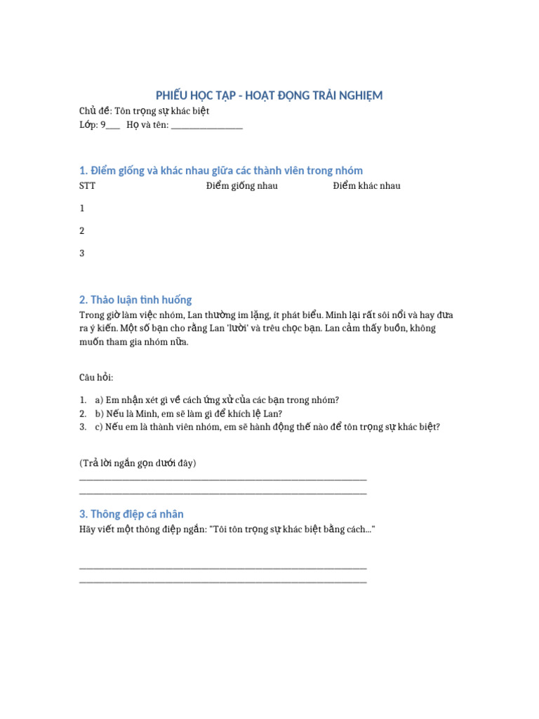 Phieu HDTN Ton Trong Su Khac Biet | PDF