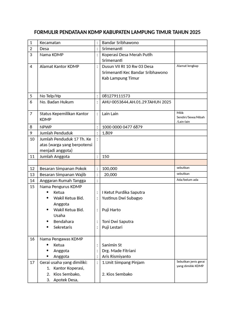 Formulir KDMP Lampung Timur 2025 | PDF