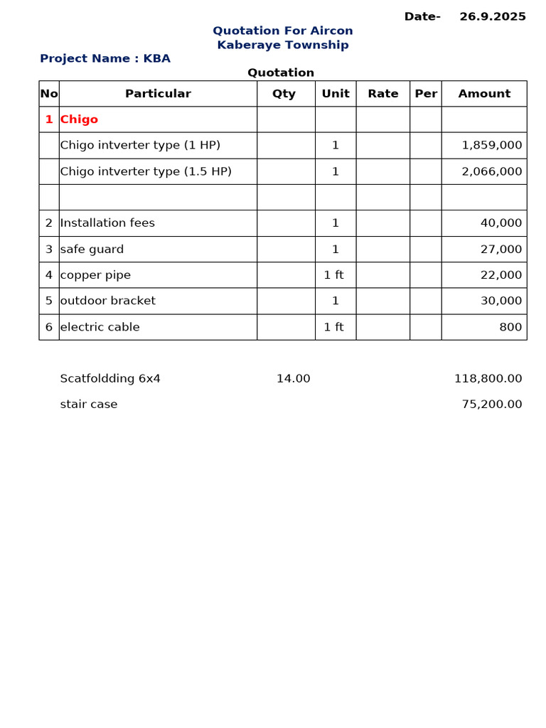 Aircon Quotation For KBA Site | PDF