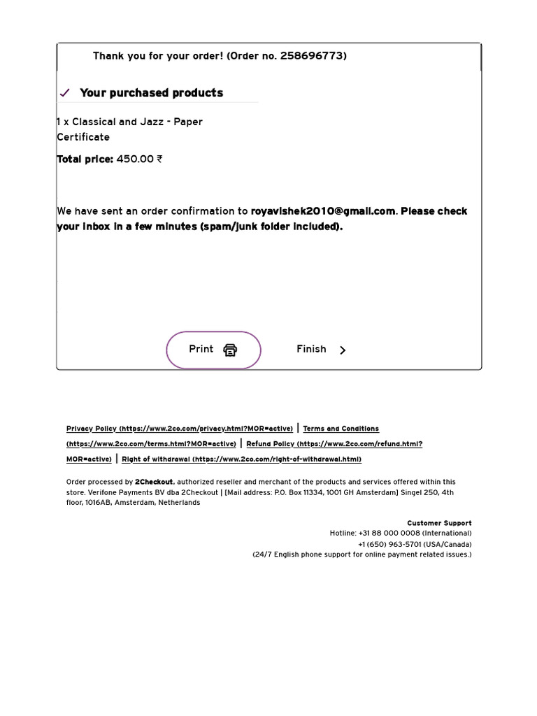 Order Confirmation from 2Checkout | PDF