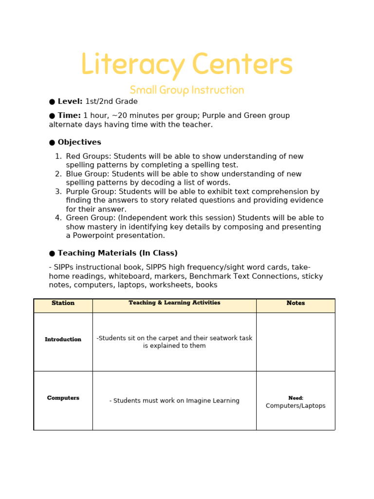 Literacy Centers Lesson Plan | PDF | Reading Comprehension | Learning ...