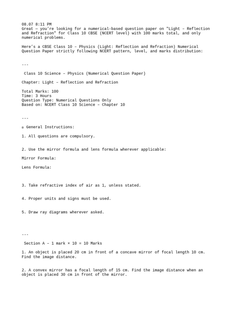 Class 10 Physics Numerical Paper on Light | PDF | Refraction | Mirror