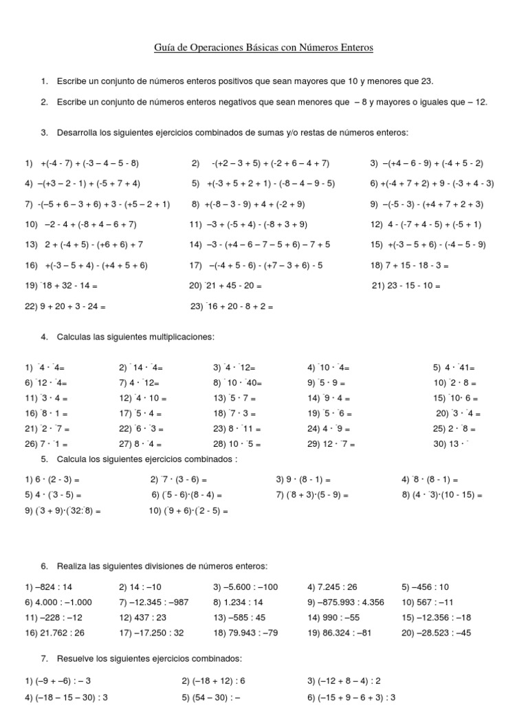 Ejercicios de Operaciones con Números Enteros | PDF