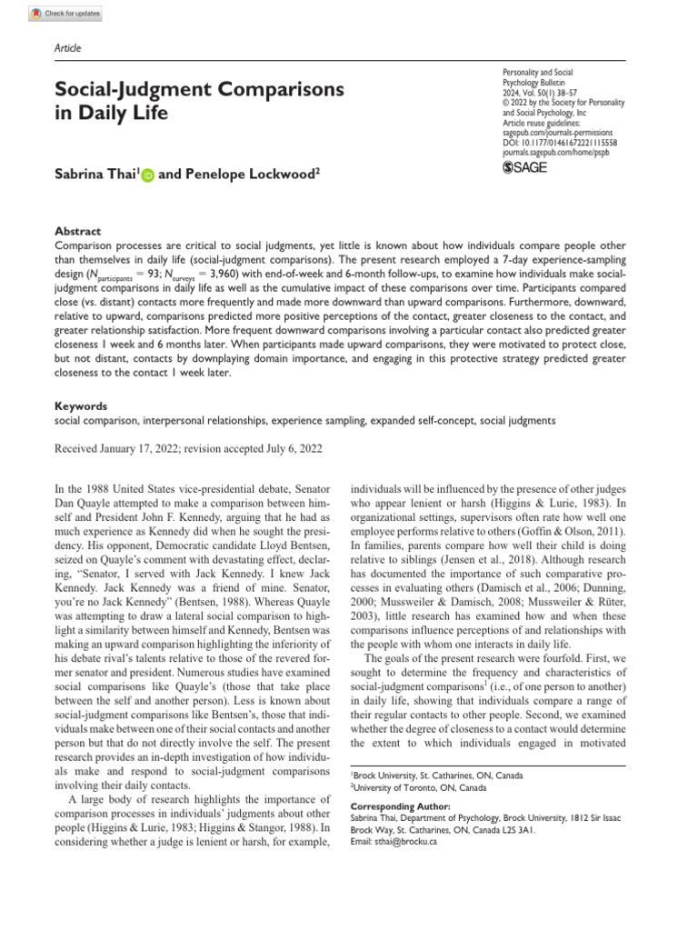 Social-Judgment Comparisons in Daily Life | PDF | Psychology ...
