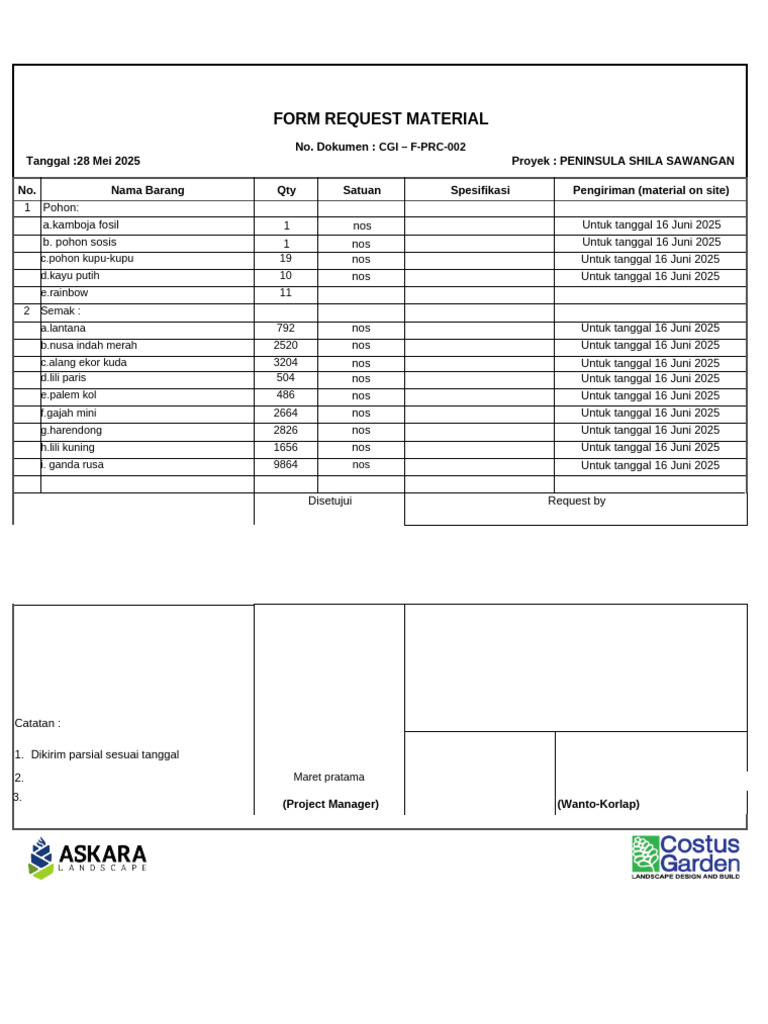 Format Request Material Purchasing - Pohon Dan Semak 16 Juni 25 | PDF