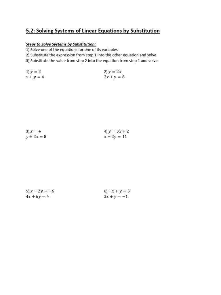 5.2: Solving Systems of Linear Equations by Substitution | PDF