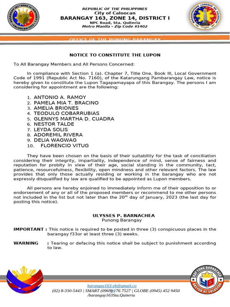 Notice to Constitute Lupon Tagapamayapa | PDF