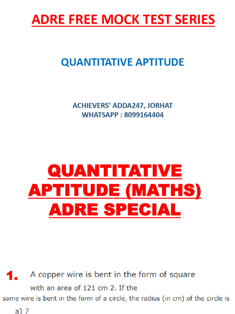 ADRE Free Mock Test Series: Quantitative Aptitude | PDF