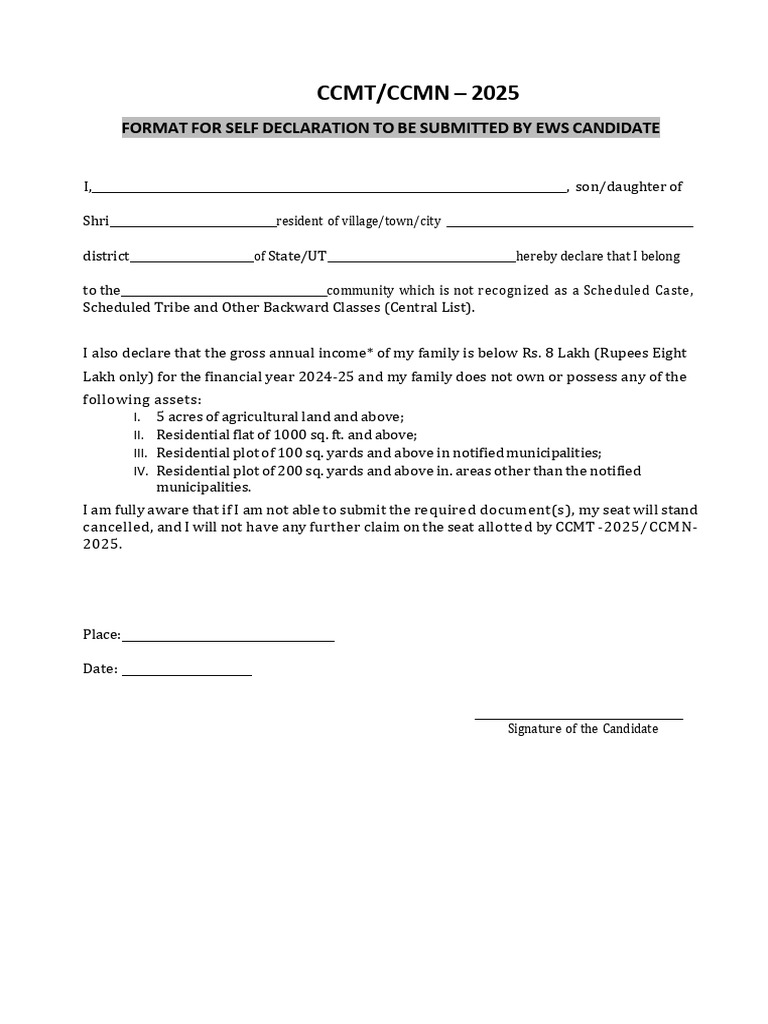 EWS Self Declaration Format 2025 | PDF