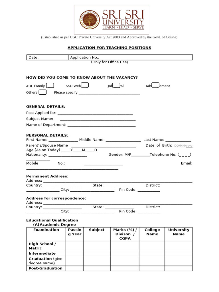 Teaching Position Application Form | PDF | Doctor Of Philosophy