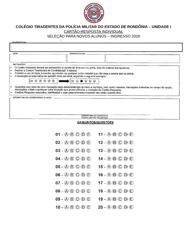 Modelo de Gabarito - 20 Questões | PDF