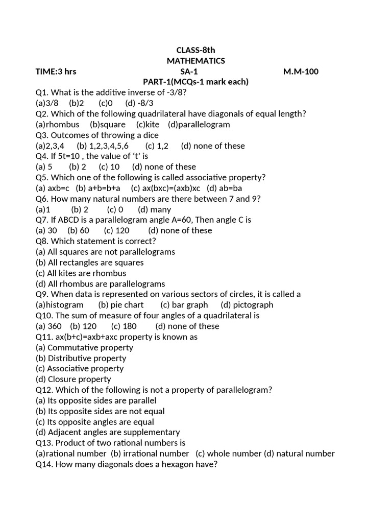 Class 8 Mathematics Exam Questions | PDF | Euclidean Geometry ...
