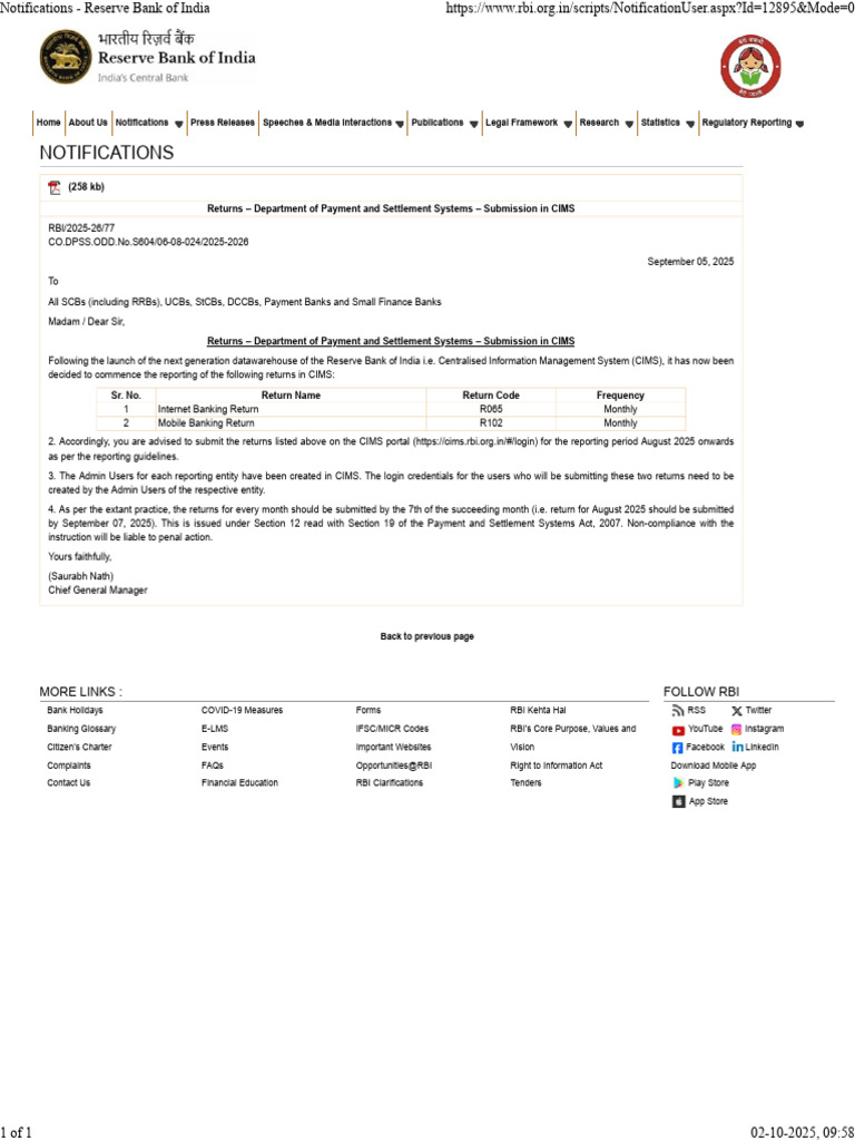 CIMS Reporting Guidelines for Banks | PDF | Reserve Bank Of India ...