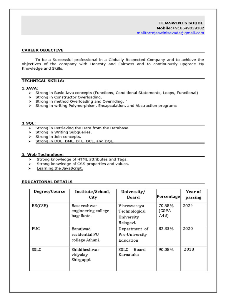 Java and SQL Developer Resume | PDF | Method (Computer Programming ...