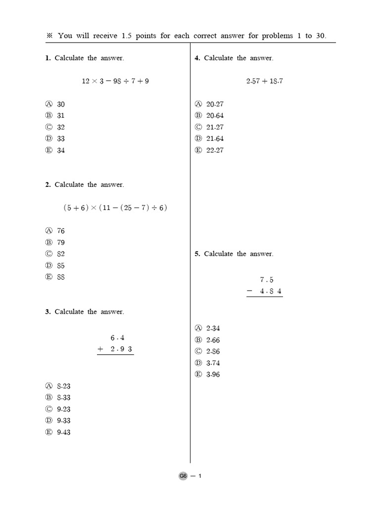 Grade 6 Math Problem Set | PDF | Elementary Mathematics | Mathematics