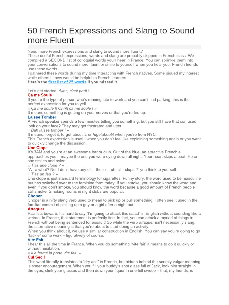50 French Expressions and Slang To Sound More Fluent | PDF | Linguistics