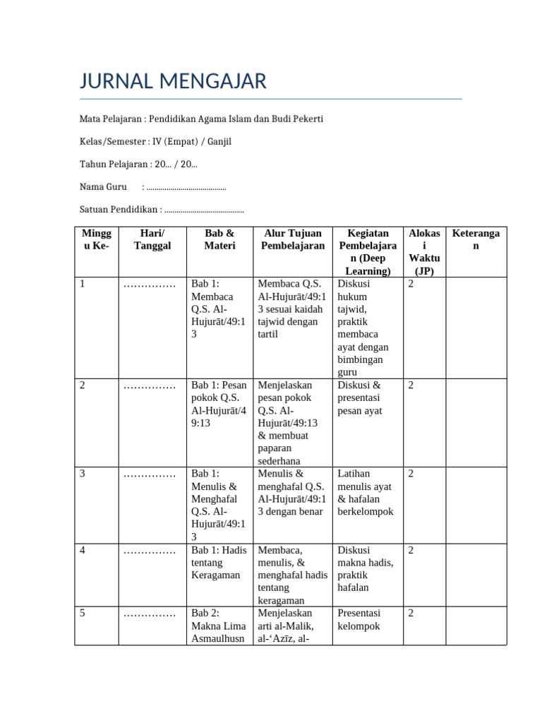 Jurnal Mengajar PAI IV Semester Ganjil | PDF