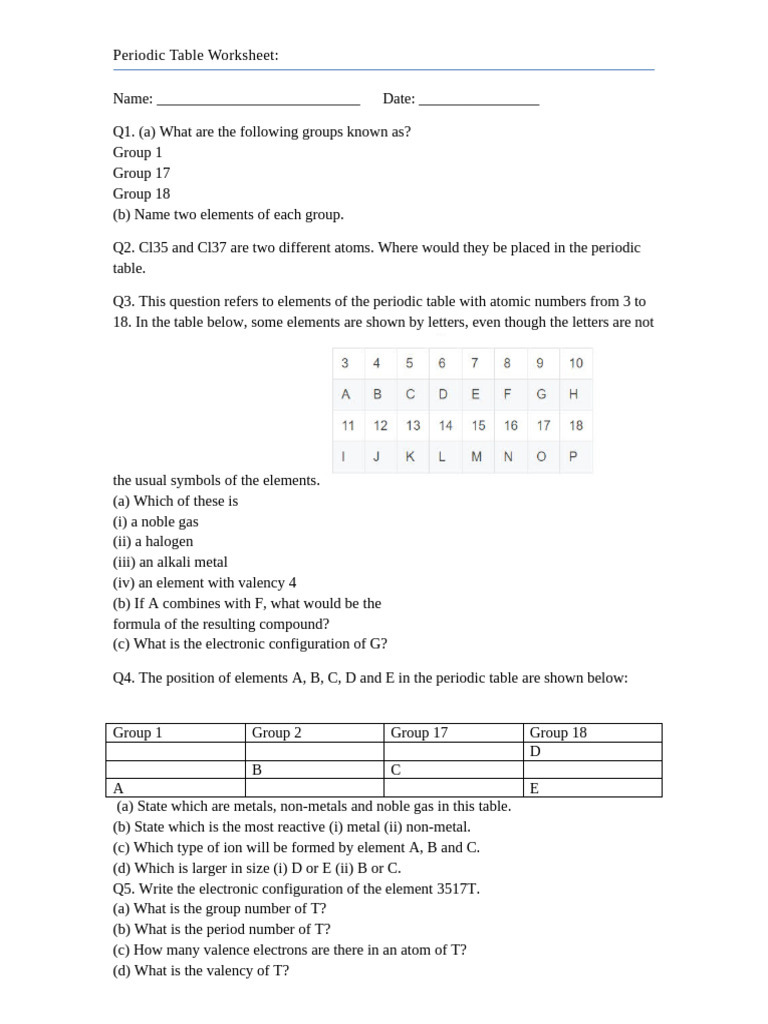 Periodic Table Worksheet for Students | PDF | Chemical Elements ...