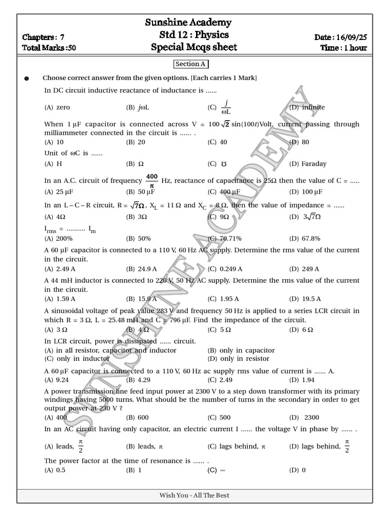 Physics MCQs for Class 12 Students | PDF | Electrical Network | Capacitor