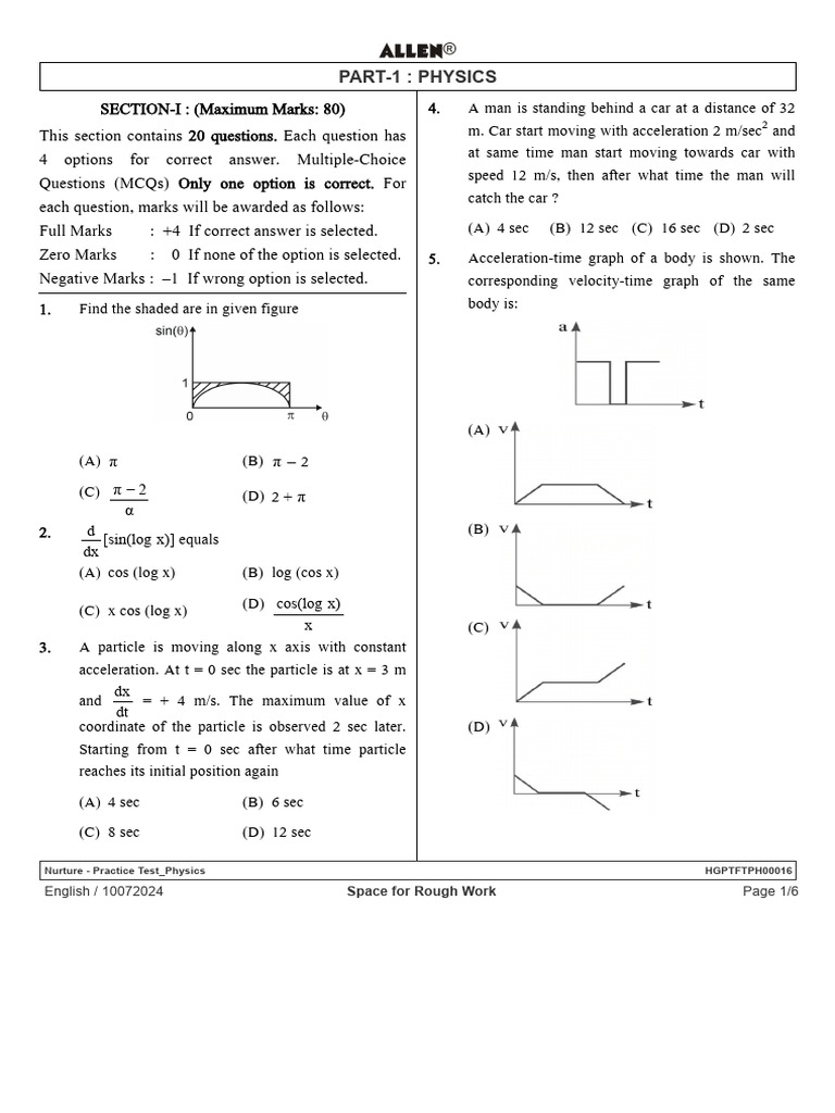Physics Practice Full Test (HGPTFTPH00016) - 1 QUESTIONS | PDF | Force ...