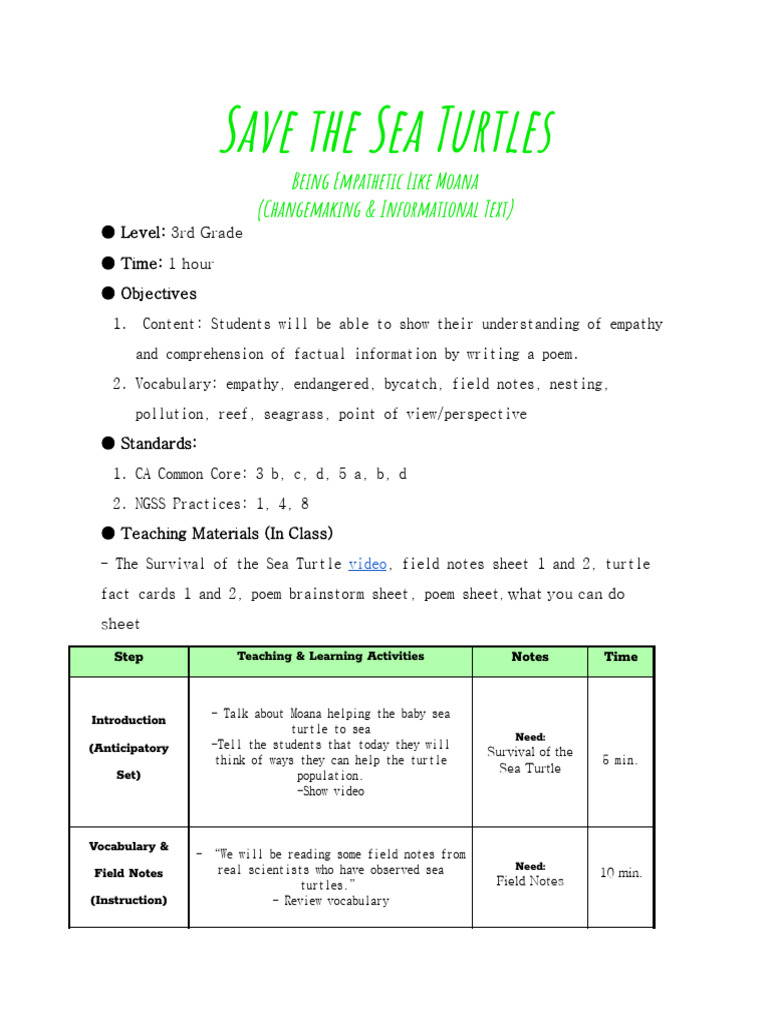 Empathy Lessons on Sea Turtles | PDF | Brainstorming | Reading ...