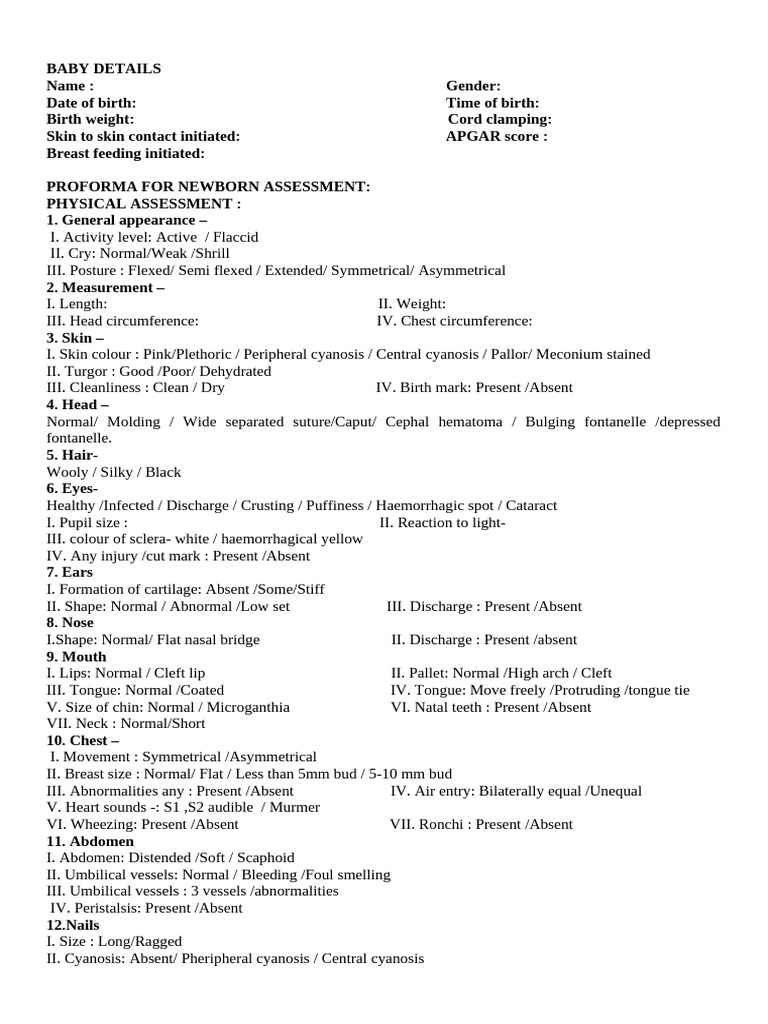 Check List For Newborn Assessment | PDF | Medical Specialties