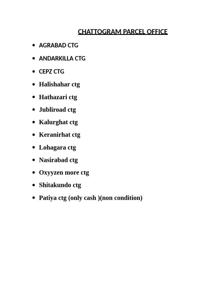 Chattogram Parcel Office: Agrabad CTG Andarkilla CTG Cepz CTG | PDF