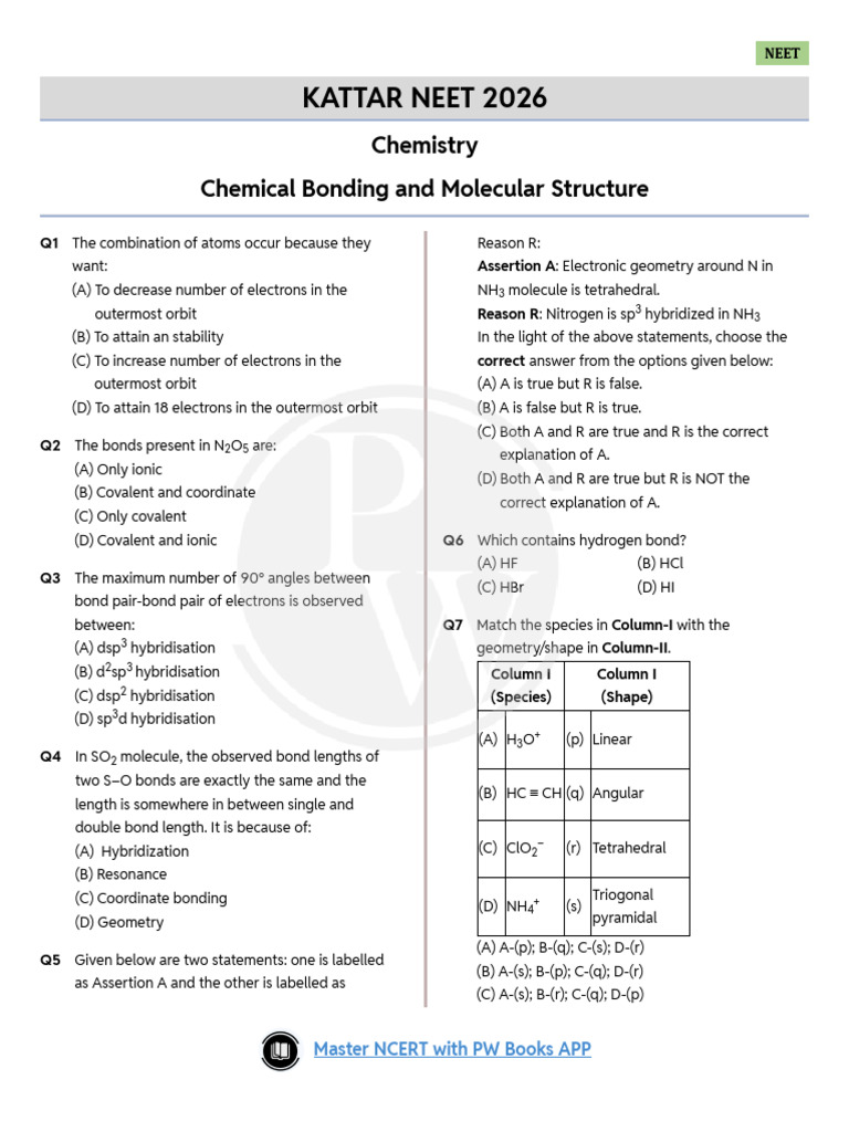 NEET 2026 Chemistry: Bonding Questions | PDF | Chemical Bond | Covalent ...