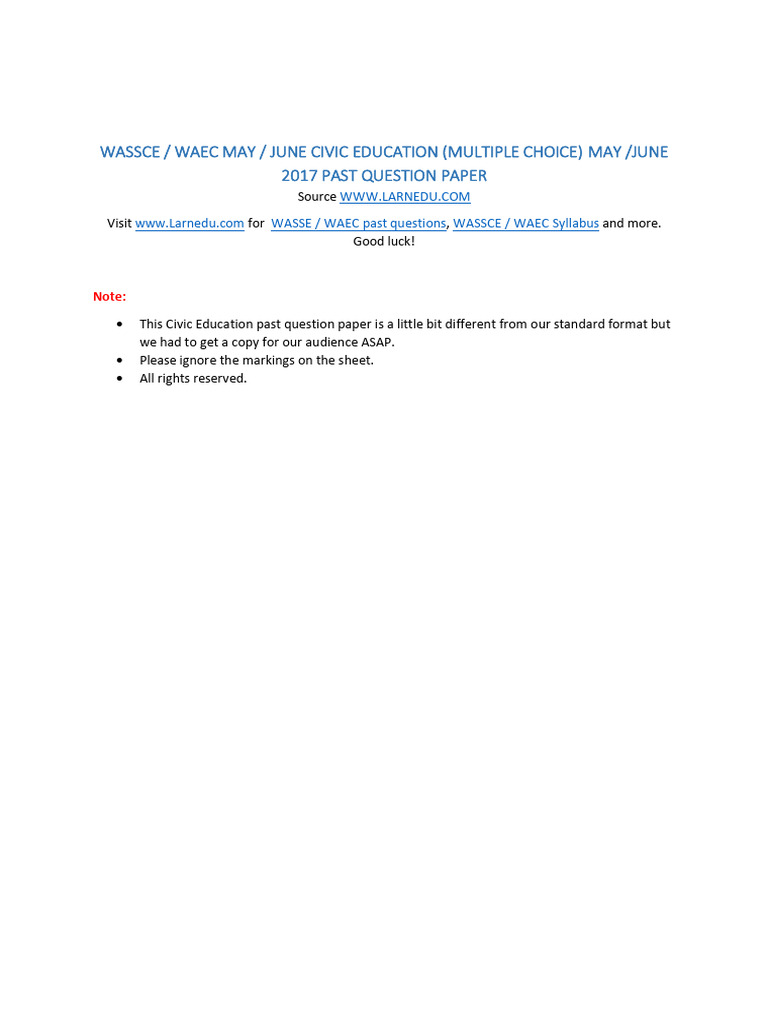 WASSCE WAEC May June 2017 Civic Education Past Question Multiple Choice ...