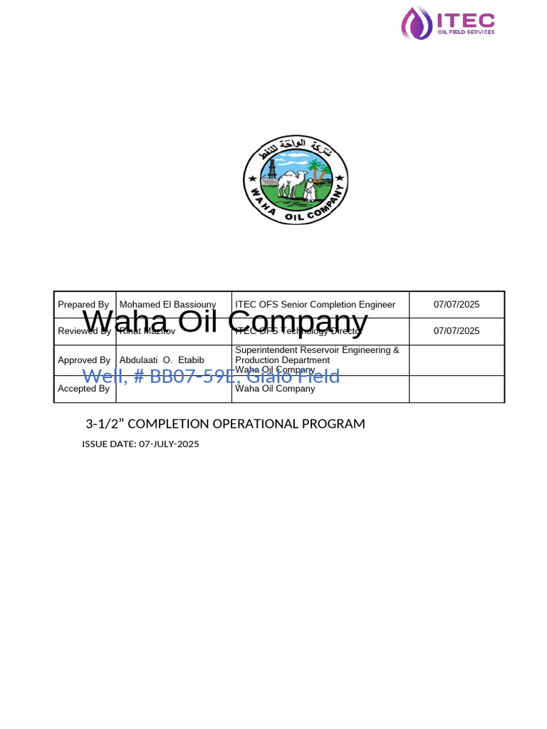 ITEC - WAHA Completion Program BB07 Well | PDF | Casing (Borehole ...