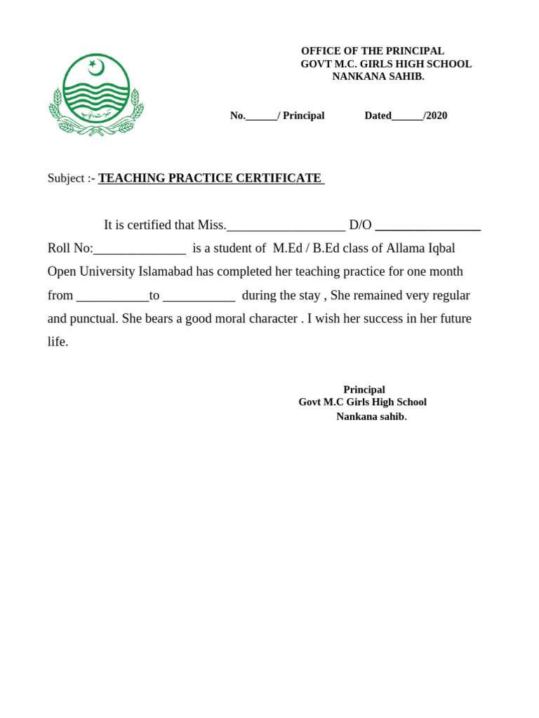 Teaching Practice Certificate 2020 Aiou Blank | PDF