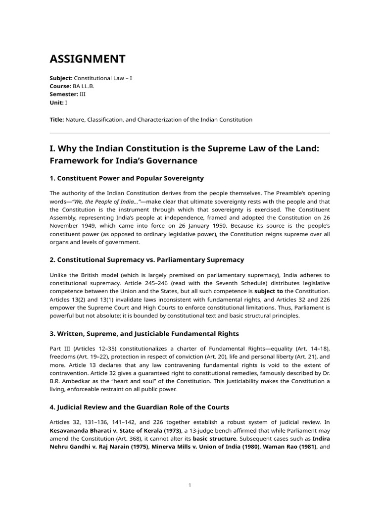 Constitutional Law-I Assignment (Semester III, Unit I) | PDF ...