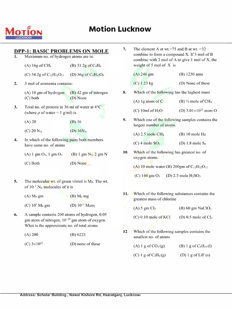 DPP-1 Mole Concept Basic Problem | PDF