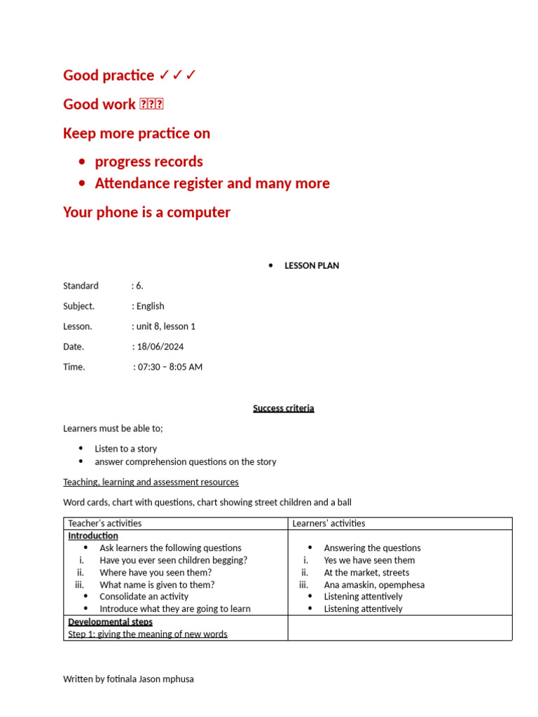 Mphusa' Lesson Plan Marked | PDF | Reading Comprehension | Lesson Plan