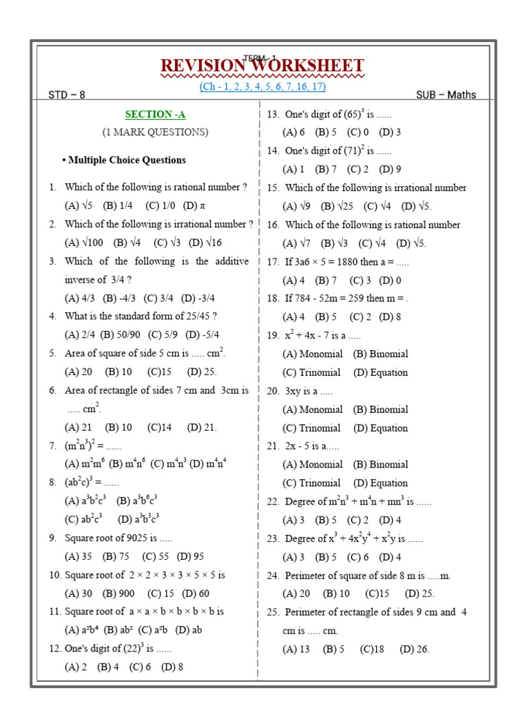 Maths Revision Worksheet for Grade 8 | PDF | Area | Length
