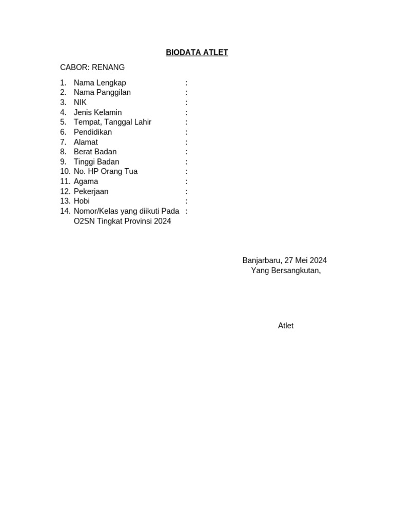 Biodata Atlet Renang O2SN 2024 | PDF