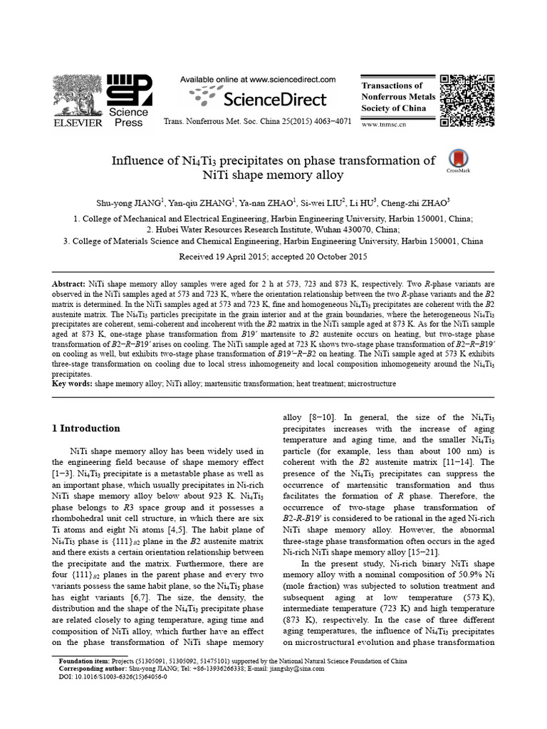Influence of Ni4Ti3 Precipitates On Phase Transformation of NiTi Shape ...