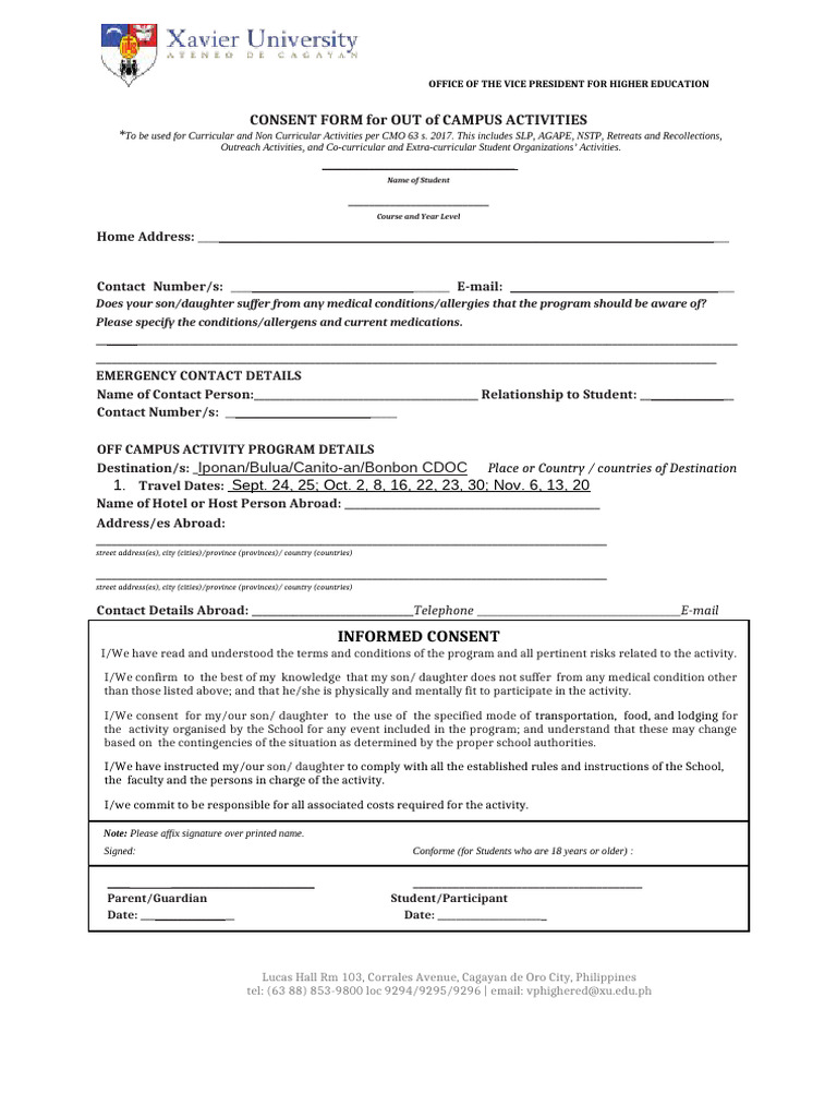 Out of Campus Activities Consent Form | PDF
